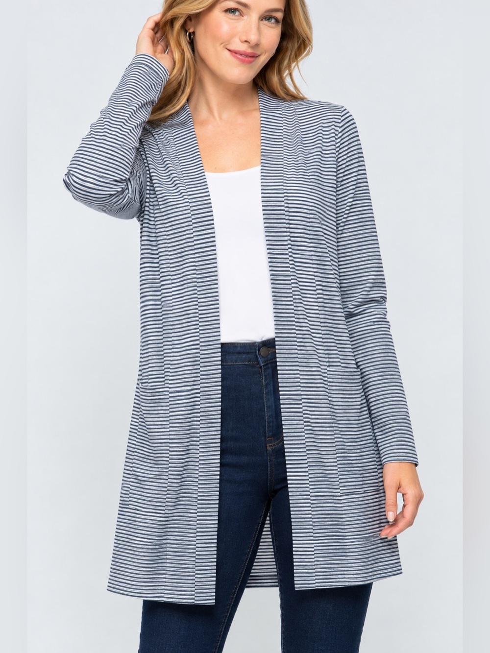 NEW Cielo Women's Lightweight Open Front Cotton Modal Cardigan Blue Stripe